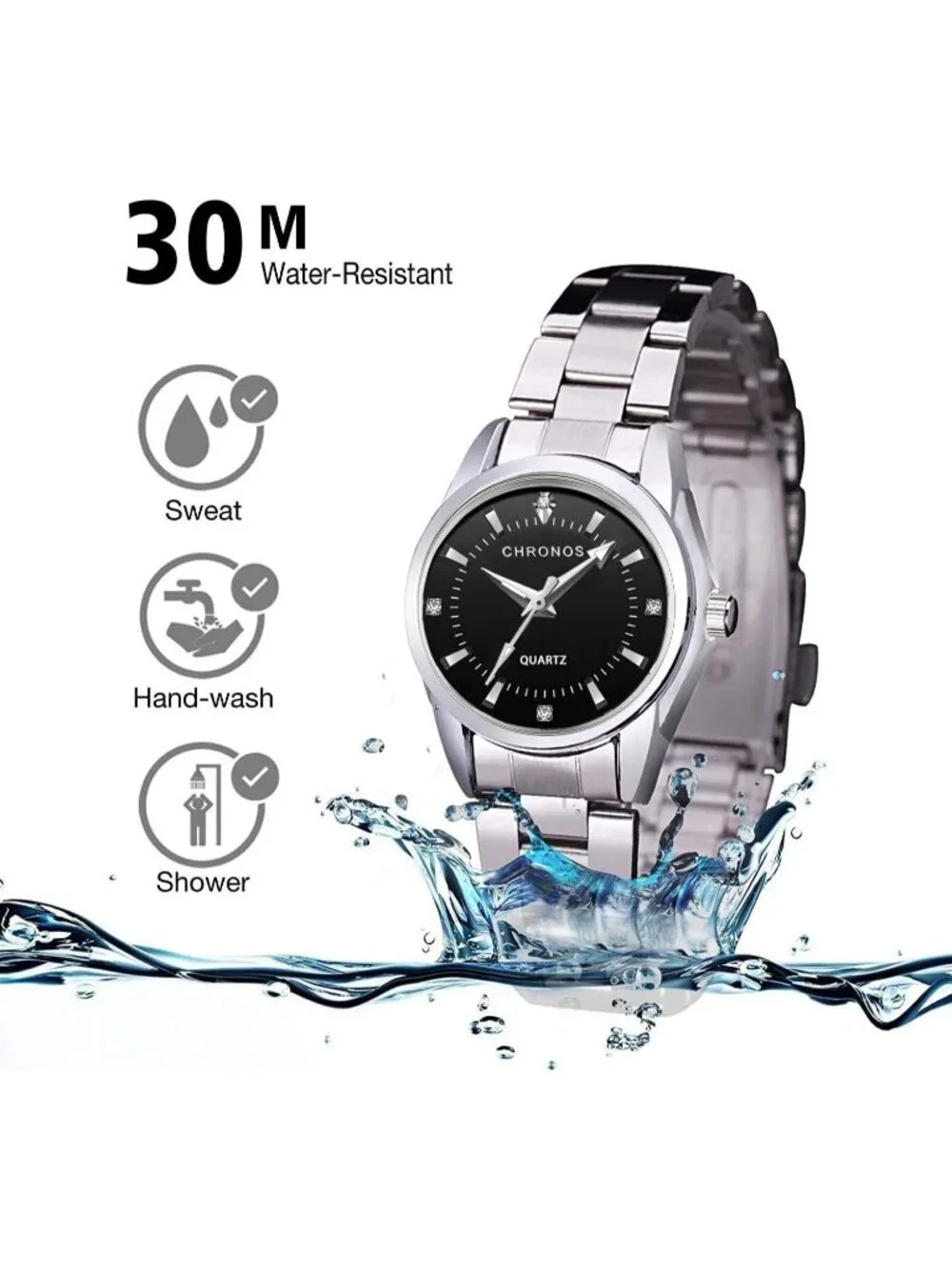 Women's Black Stainless Steel Band Dress Analog Quartz Waterproof Wrist Watches